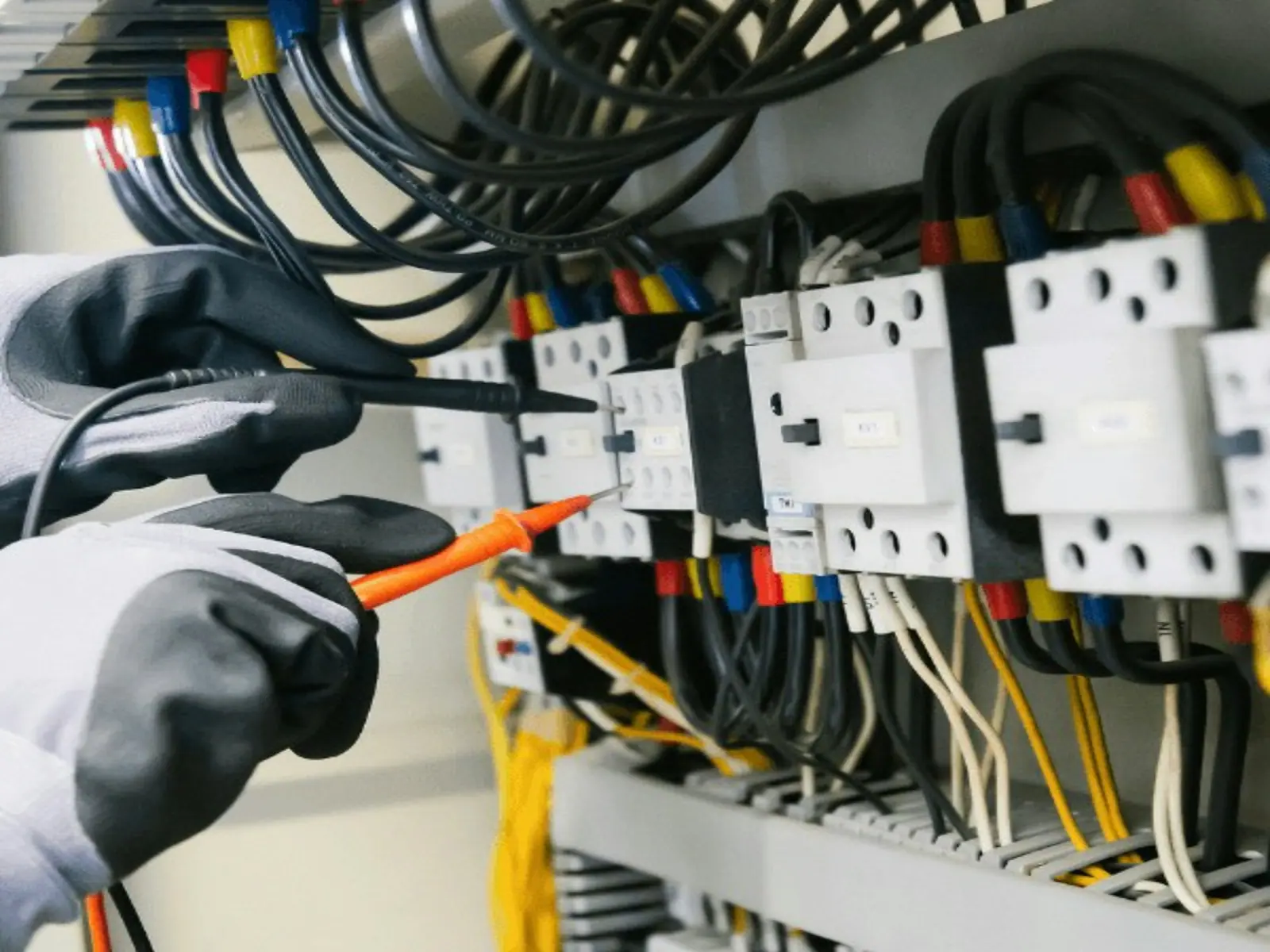 Electrician testing an industrial control panel