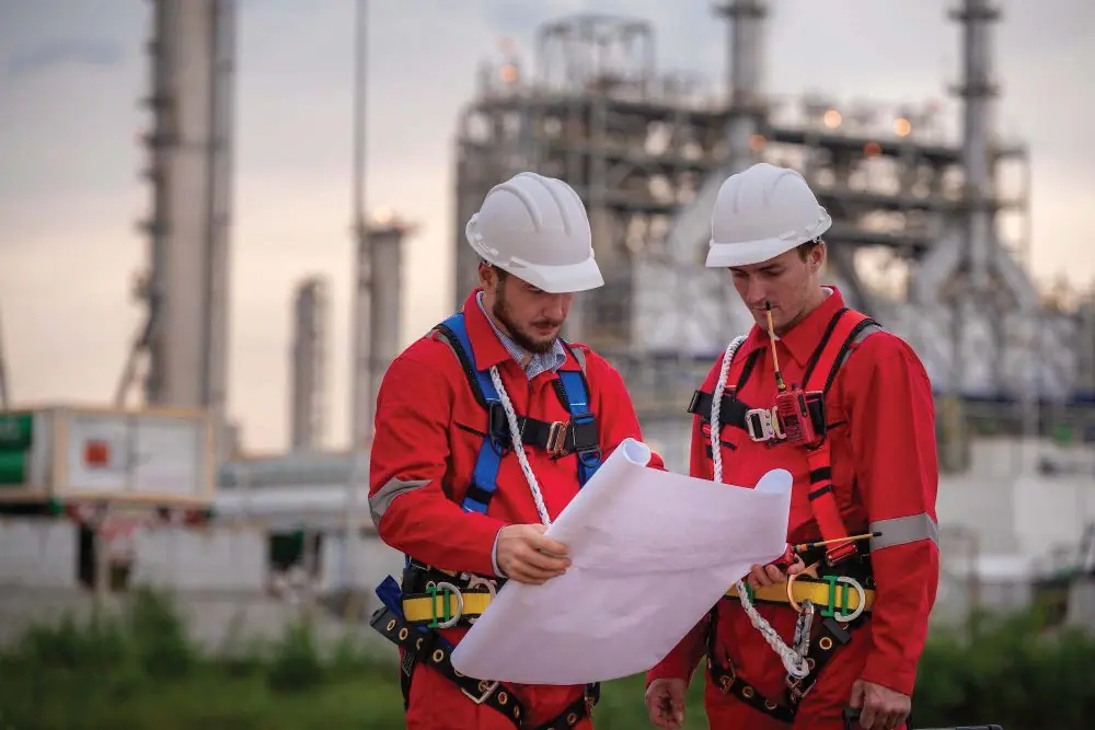 Engineers reviewing drawings at a process plant